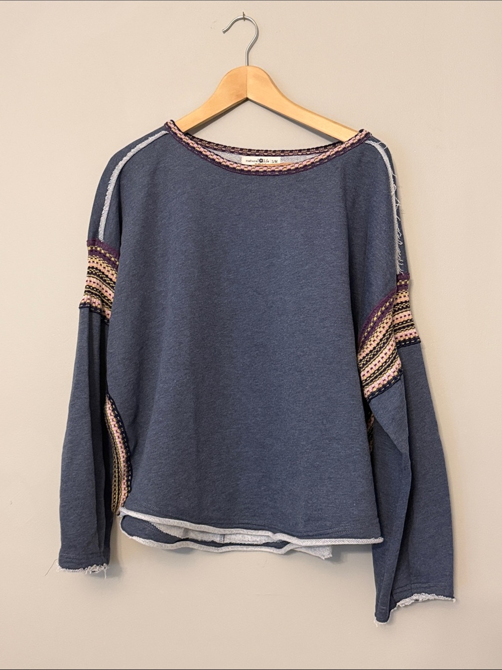 Natural Life Oversized Knit Trim Sweatshirt S/M Blue Boho Slouchy Cozy Pullover